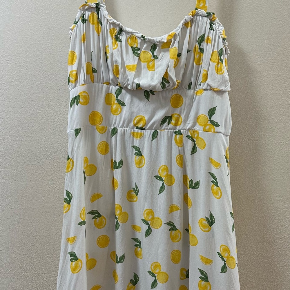 Row XL Lemon Print Sundress Spring Summer Swing Dress Ruching Adjustable Straps